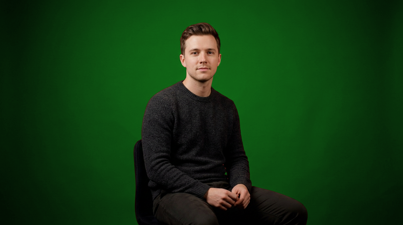 Personne assise dans le Studio Mirage avec le fond vert installé